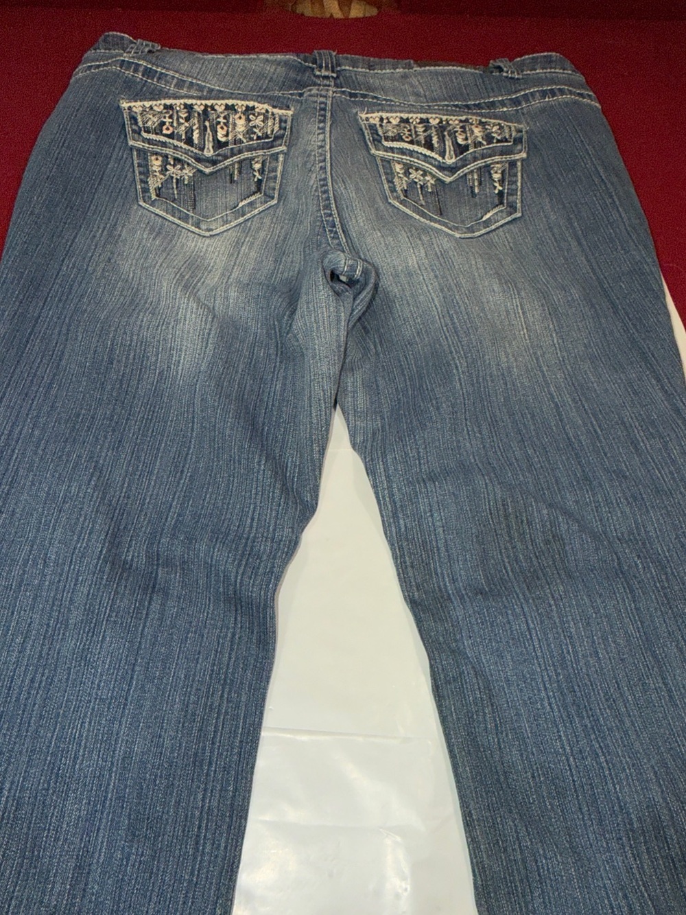 ZCO Blue Bling POCKET Jeans Women Size 16 white Heavy Stitch Flap Pockets Flared
